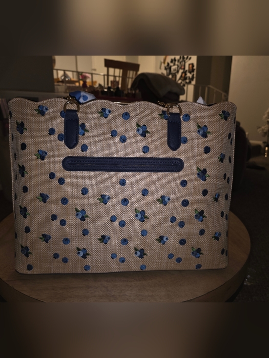 Betsey Johnson Blue Floral Embroidered Straw Tote with Scarf - Picture 2 of 5